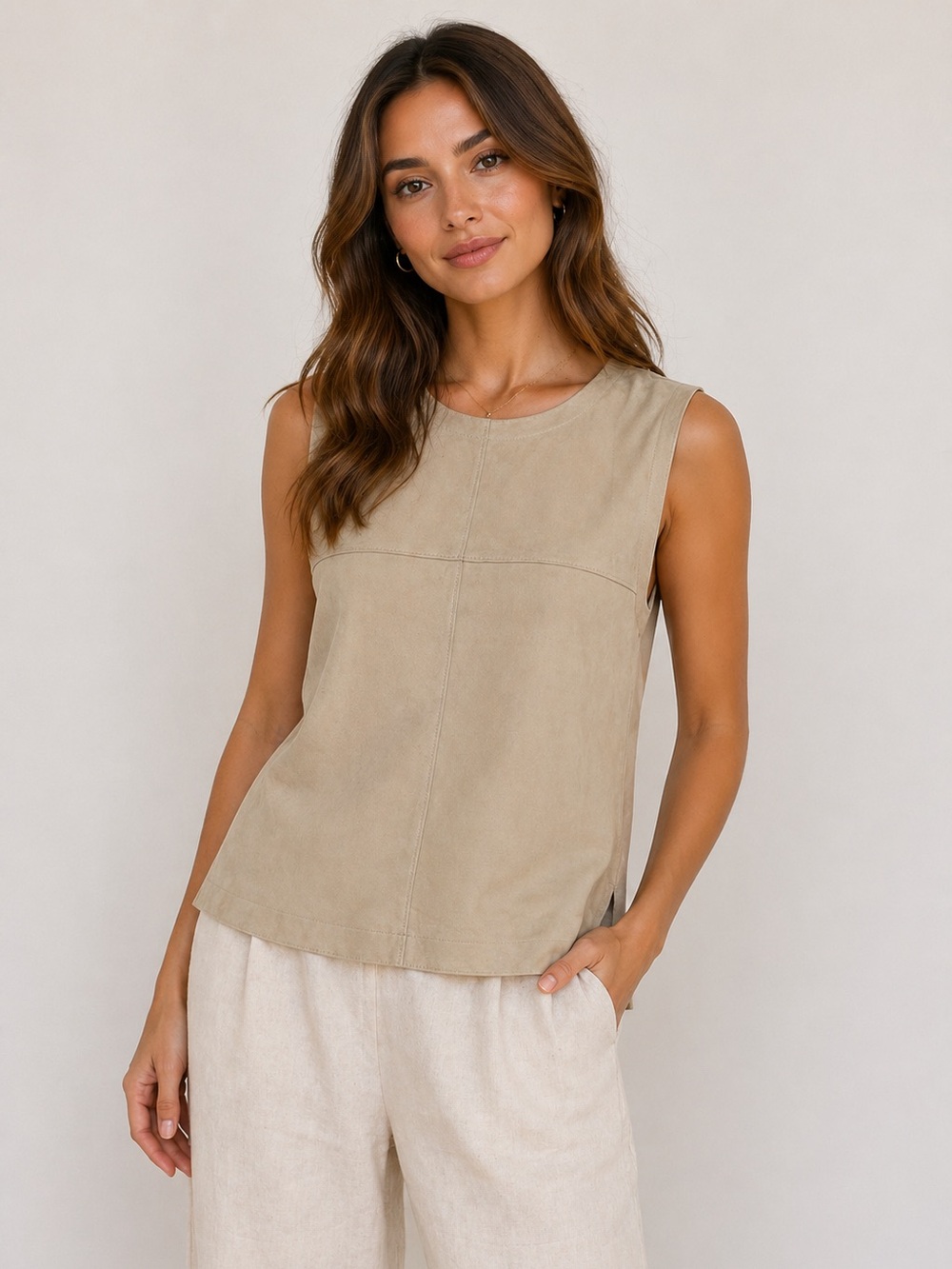 Eileen Fisher(Fisher Project) Beige Goat Suede Leather Sleeveless Shell Top
